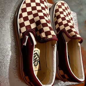Vans Maroon and Cream Checkerboard Slip-Ons